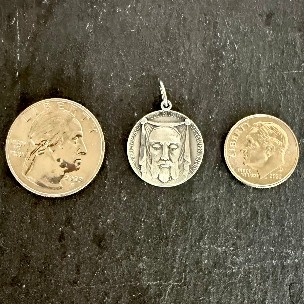 Holy Face Medal (Veil of Veronica) w/ Pieta: 3/4" PEWTER- Antique Silver