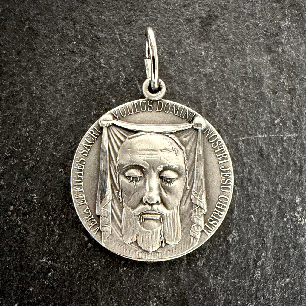 Holy Face Medal (Veil of Veronica) w/ Pieta: 3/4" PEWTER- Antique Silver